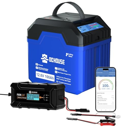 DCHOUSE 12V 100Ah LiFePO4 Bluetooth litiumbatteri med 10A batteriladdare, upp till 15000 cykler, 1280Wh litiumbatteri, för trollingmotorer, husbilar, solsystem, camping, off-grid