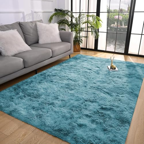 BedLooms Rugs Living Room 120 x 170 CM – Tie-Dye Teal Area Rugs for Bedroom Large Non Slip – Modern Super Soft Plush Carpets Fluffy Shaggy Rug for Lounge, Dining Room – Non Shedding Bedside Rug