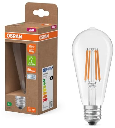 OSRAM en forme de globe classique, avec filament LED décoratif, classe d'efficacité énergétique A, E27, 2,2 W, 470 lm, 4000 K, blanc froid. Sans échauffement, 100% d'éclairage immédiat.