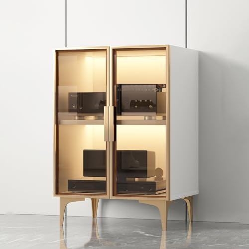 Medienaufbewahrungsschrank Moderner Stereo-Rack-Systemschrank mit 2/3 Regalen AV-Schrank mit Glastüren Medienkonsole ohne LED-Licht für Besprechungs Wohn Gaming und Aufnahmeräume.(Wit,54x42x82cm)
