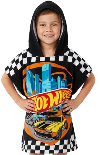 Get Trend Hot Wheels Bath Towel with Hood for Kids Absorbent Changing Robe Poncho Towel for Swimming Bath Shower Beach Holiday Essentials (Black Hot Wheels, 4-9 years)