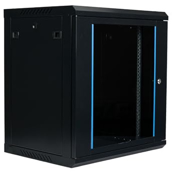 Netzwerkschrank 19 Zoll 12HE I 450 mm Tiefe I Serverschrank Schwarz | montiert | Wandmontage I abschließbare Glastür I voll montiert I 100 kg Traglast I 600×450×636 mm (Schwarz - 45cm, 12HE)
