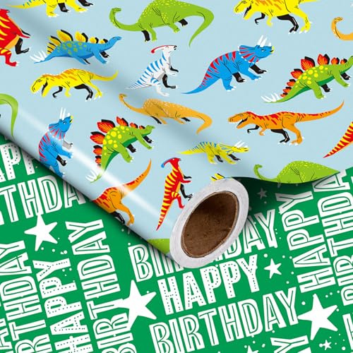 WRAPAHOLIC Jumbo-Geschenkpapier mit Dinosaurier-Motiv, wendbar, 76,2 cm x 10,2 m, Happy Birthday Geschenkpapier für Jungen, Kinder, Dino-Liebhaber