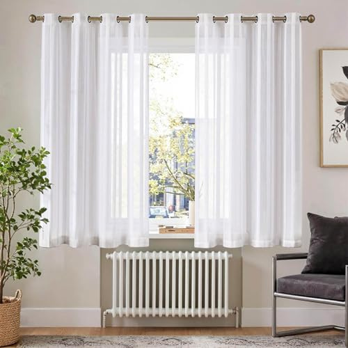 TOPICK Gardinen Kurz Fenster H 145 x B 140 (cm) Weiß mit Ösen Gardinen Transparente Kurz Modern Vorhang Ösen Gestreifte Durchsichtig für Schlafzimmer Wohnzimmer kinderzimmer