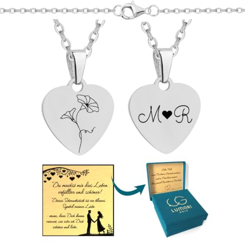 Lumari Halskette mit personalisiertem Medaillon - Rechteck/Kreis/Herz Anhänger aus Edelstahl mit eingravierten Namen/Initialen und Geburtsblume - Geburstag Geschenk für Ehefrau Freundin Frau