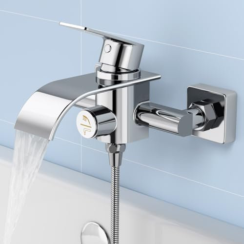 OTOmitra Rubinetto per vasca da bagno a cascata, miscelatore vasca da bagno con interruttore a pressione, rubinetto da bagno a parete, rubinetto da bagno in ottone cromato