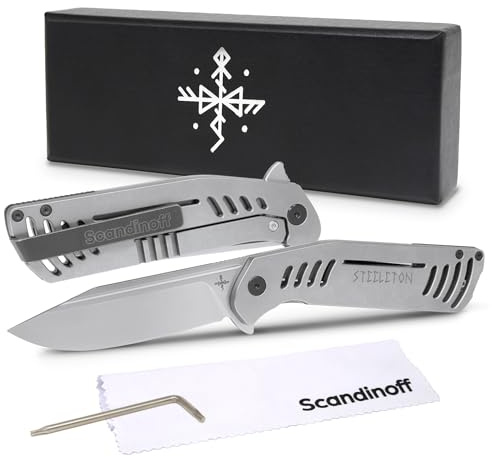 Scandinoff STEELETON Klappmesser | Taschenmesser | 95mm Klinge |aus TITAN und SANDVIK STAHL | Einhandmesser | Outdoor, Jagd, Selbstverteidigung | Hochwertiges Wandermesser | Ergonomischem Griff |White