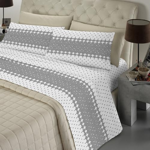 Banzaii - Completo Lenzuola Matrimoniale 100% Cotone, Made in Italy, con Angolo h 30 cm, Roxana grigio