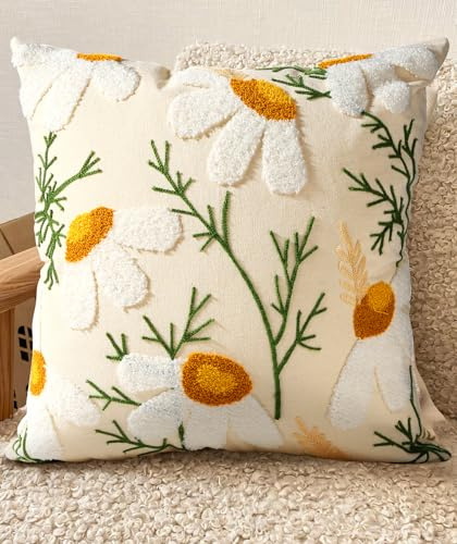 Miss Adola Fundas de cojín bordadas de 45 x 45 pulgadas, funda de cojín de primavera para sofá con cremallera para sofá o dormitorio, fundas de almohada decorativas de algodón suave, flores blancas