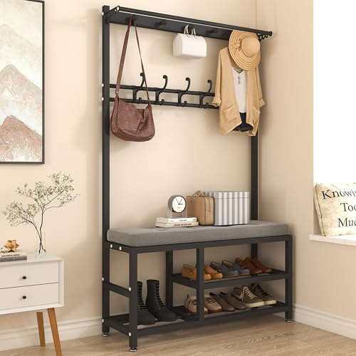 Fakednss Entryway Coat Rack Shoe Bench, 4 In 1 Hall Tree With Shoe Rack and Hooks for Umbrella Holder Entryway Bench Top Shelf Accent Furniture Carbon Steel Frame(Black)