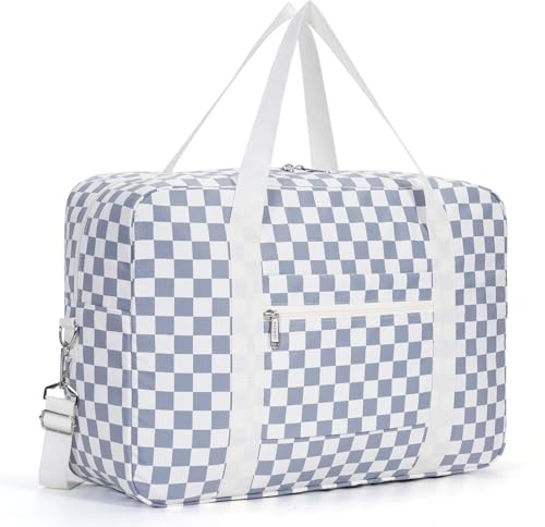 för Easyjet Airlines kabinväska 45 x 36 x 20 undersäte, vikbar duffelväska för resor, kappsäck, handbagage övernattning, för kvinnor och män, 25 L, Gråblå schackbräde (med axelrem)