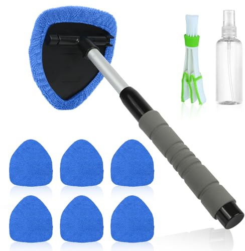 AMFUN Nettoyant pour Pare-Brise, Nettoyage Pare Brise Kit, 180° Extensible Brosse de Fenêtre de Nettoyage à Manche avec 6 Tampons Microfibres et 1 Vaporisateurs, pour le Nettoyage des Vitres(Triangle)