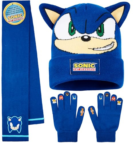 Get Trend SONIC THE HEDGEHOG Set Guanti Cappello e Sciarpa Bambini, 3 Pz Morbido Accessori Invernali Ragazzo, Regalo Gamer (Blu Sonic 3 Pcs)