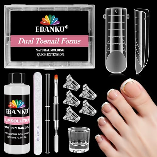 EBANKU 120 PCS Polygel-Nagelformen für Zehen mit 75ml Gleitlösung, lange quadratische Doppelformen für Polygel Pedi Nagelverlängerung Zehennägel Set