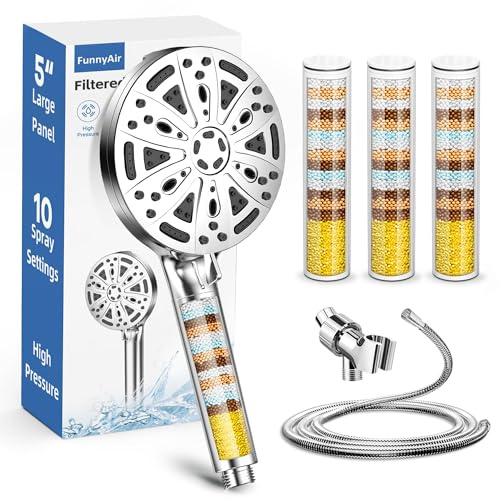FunnyAir Filtered Handheld Shower Head, 9 Spray Modes High Pressure, 3 Replacement Filters Included, Hard Water Softener 20-Stage Filtration, Remove Chlorine, Relieve Dry Itchy Skin, 3 Filters-Sliver