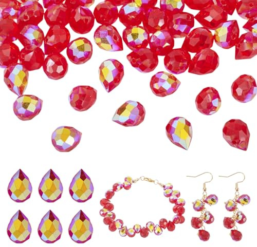 Cheriswelry 50Pcs Teardrop Glass Beads Crystal Faceted Loose Spacer Beads Chritsmas Charm Bead 11x8mm for DIY Crafts Necklace Bracelet Earring Making Party Wedding Decoration