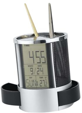 EXAOMBLE Electronic Stainless Steel Mesh Pen Holder Calendar and Clock, Multifunctional Desk Organizer Date Display, Black Pen Container for Home and Office