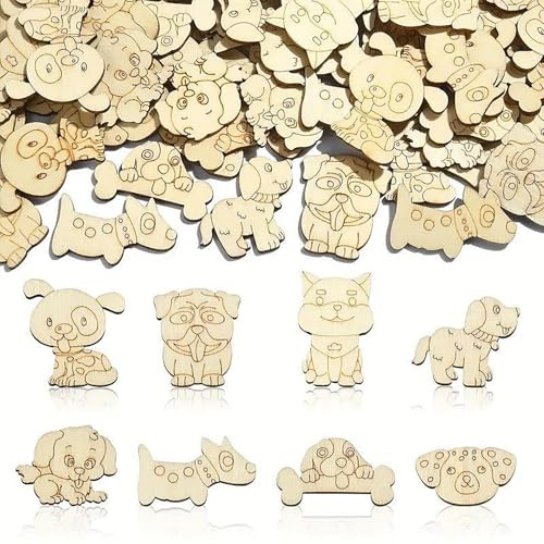 Ovanda 50 Stück Hunde Holzform, Holz Zum Bemalen Tiere Set, Hunde Holzplatte Basteln Holz Scheiben für DIY Malerei, Hunde Dekoration Geburtstagsfeiern, Handwerk Hochzeit Weihnachten Dekoration