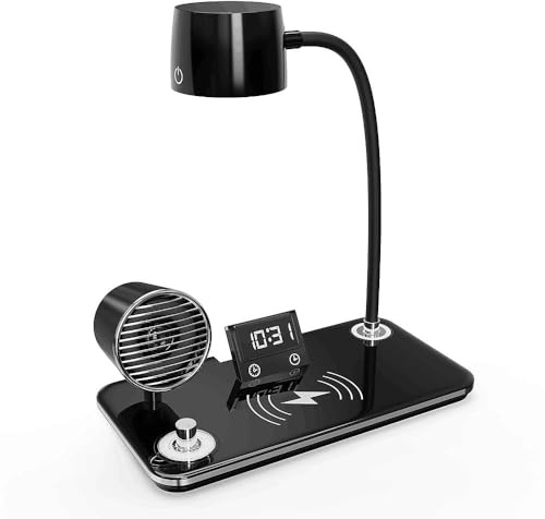 QJUZO Schreibtischlampe LED mit Wireless Charger, Bluetooth, Uhr | 4-in-1 Bürolampe mit 15W Fast Ladefunktion, 3 Farbmodi, 360° Schwanenhals, für Home Office, Nachttisch