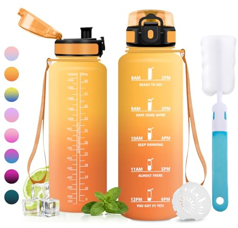 JAPORIA Borraccia 1.5L, senza BPA, Bottiglia Acqua con Marcatori Temporali, a Prova di Perdite, Borraccia con Filtro, Bottiglia Acqua per Scuola, Ufficio
