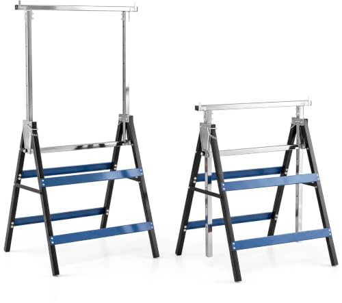 TANGZON 2 Pack Folding Saw Horses, Adjustable Trestle Stands | Heavy Duty Work Support Stands, 80-130 cm Height, 200 kg Capacity, Top Limit Clips, Non-Slip Feet for Workshop DIY