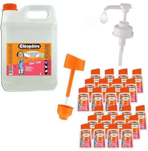 CLEOPATRE – Schoolpack Colle Transparente – 24 P’tits Pot avec Pinceau Intégré 80g + Recharge 5kg avec Pompe Doseuse – Pack Année de Colle
