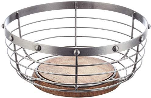 KitchenCraft Industrial Kitchen Früchtekorb, Metalldraht, Boden aus natürlichem Mangoholz, Used-Effekt, 28 x 12 cm