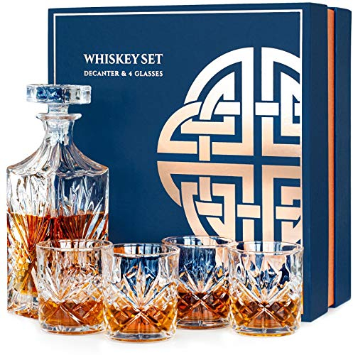 Set Bicchieri Whisky Decanter Vetro, Caraffa con Bicchiere da Whiskey Set 4 in Confezione Regalo Originale, Kit Whisky Completo Regali per Uomo Padre Papà Marito Fratello