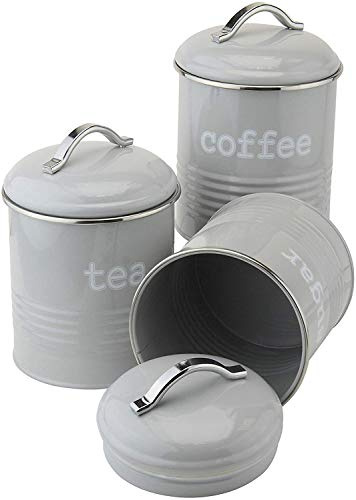 Enamel Tea Coffee Sugar Canisters Air Tight Lid Kitchen Storage Jars Pots Round Tin White,Cream,Grey,Copper (Grey)