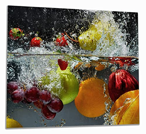 Wallario Herdabdeckplatte/Spritzschutz aus Glas, 1-teilig, 60x52cm mit 8mm hohen Füßen, für Ceran- und Induktionsherde, Früchte im und unter Wasser - Splashing Fruits