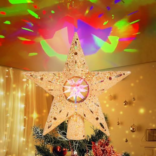 Beinhome Weihnachtsbaumspitze 26cm, Weihnachtsdeko Weihnachtsstern mit 3D Schneeflocken Projektor mit 286cm/113in Netzkabel,Weihnachten Baum Deko leuchtende animierte Stern für Weihnachtsbaum