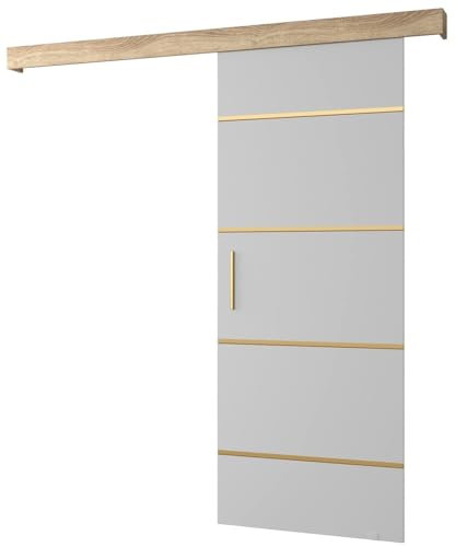 ABIKSMEBLE Système de Portes coulissantes Salwador 4, Set Complet pour Portes coulissantes, Portes intérieures, Design Moderne (Blanc Mat/Grille: Chêne Sonoma, Poignées et Sangles: Or)