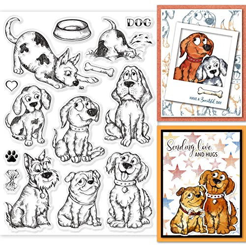 GLOBLELAND Funny Comic Dog Clear Stamps for Card Making 21x14.8cm/8.3x5.8 inch Schnauzer Dog Bowl Cartoon Dog Transparent Silicone Stamps for DIY Scrapbooking Supplies Paper Card Album Craft