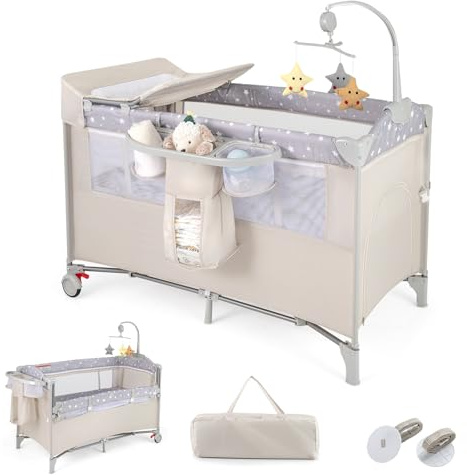 LIFEZEAL Vikbar babysäng med skötbord, resesäng baby med lekbåge och musikklockor, mobil barnresesäng med förvaringsväska, för baby 0–36 månader (beige)