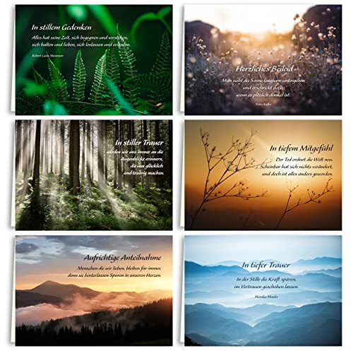 6 Trauerkarten Beileidskarten Trauer mit Text und Umschlag Beileid Klappkarten mit Spruch Beerdigung Anteilnahme stilvolle Landschaften Kondolenz Kondolenzkarten zum Abschied