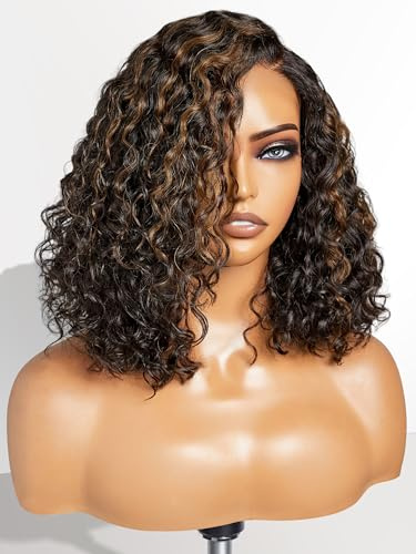 LUVME HAIR 12 Curly Glueless Without Spray Wigs Human Hair Pre Plucked Pre Cut Undetectable HD Lace No-Glue Need Protective Wig Curly Bob Short with Blonde Highlights Ready to Go Wig 180 Density
