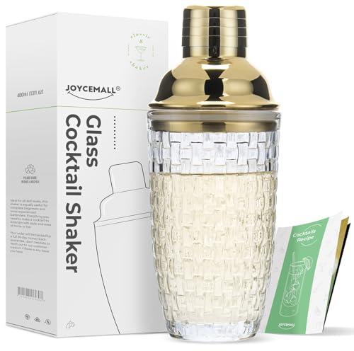 Glas Cocktailshaker, JOYCEMALL 385ML Klarglas Gold Cocktail Shaker Mixer Set mit Edelstahl Lecksicher Messbecher-Deckel & Sieb & Geschenkbox für Zuhause Bar Wein Gemischte Fruchtsäfte Getränke