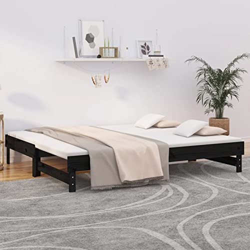 Sufrk Tagesbett Ausziehbar Schwarz 2X(90x200) cm Massivholz Kiefer Bett Mit Ausziehbett Tagesbett Ausziehbar Daybed Tagesbett Bettgestell