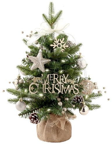 DUOJIN künstliche Weihnachtsbäume, Weihnachtsdekoration, Mini künstliche Weihnachtsbäume Drehbar mit Beleuchtung, Schneeflocken, Sterne und Kegel, 50cm