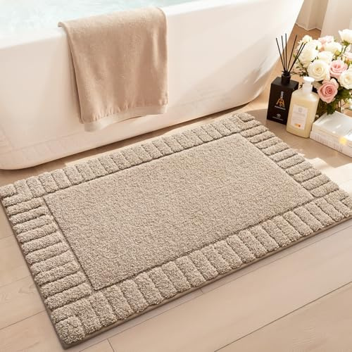 LUMI Bathroom Rugs Non Slip with Rubber Backing, Extra Soft Plush Microfiber Bath Rug Absorbent, Machine Washable Bath Mat Quick Dry for Tub, Shower, Hotel, Beige, 20x32