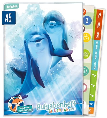 Häfft® Hausaufgabenheft Grundschule A5 ohne Datum Delphine | Immer sichtbarer Stundenplan - undatiertes Aufgabenheft Farbenfroh Smart inkl. Schutzumschlag + Sticker