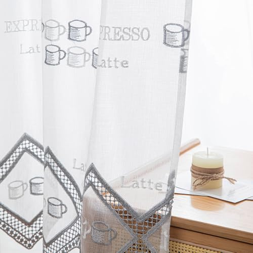 Daliena Scheibengardine Küche Kaffeemotive Bestickte Bistrogardine Gardine mit Lochleiste Küchen Vorhang, Kleine Fenstergardinen Durchsichtig für Wohnzimmer Cafés Stores Grau (BxH 100x80cm) 1 stück