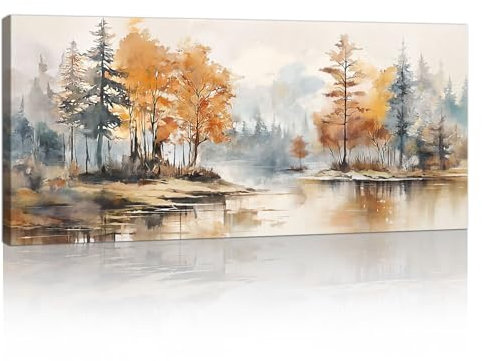 Grande Cadre en Bois Impression Sur Toile Paysage de la forêt d'Orange Image Sur Toile Peintures Forêts Lacustres Aquarelle Sur Toile Mural Tableau Decor Murale Salon Chambre prêt accrocher 50x120cm