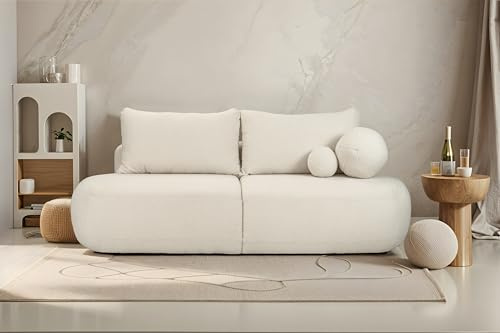 Kaiser Möbel - Sofa mit Schlaffunktion und Bettkasten, Schlafsofa mit Bettzeugbehälter, Sofa 2-sitzer, Wohnlandschaft, Klappsofa, Zierkissen, Bequemes Couch für Wohnzimmer und Jugendzimmer, FABO, Ecru