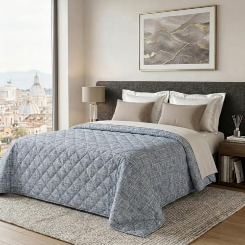 Trapunta Estiva Matrimoniale 100% Puro Cotone Certificato Canva Blu | Trapuntino Estivo Matrimoniale Leggero, Imbottitura 100 gr, Traspirante, Anallergico e Antibatterico, Ideale per 4 Stagioni