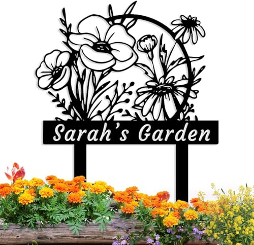 Personalized Garden Signs Custom Flower and Butterfly Garden Stake Metal Yard Art Customized Gardening Decor for Outside Personalized Gardeners Gifts