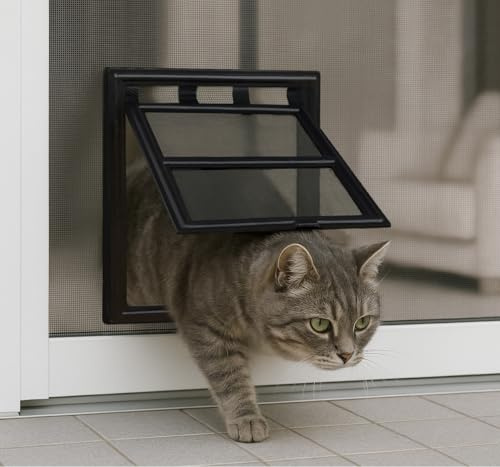 Ghiera per zanzariera fissa 23,7 × 29 cm – Passaggio gatto & piccolo cane bloccabile 2 sensi – Posa senza foratura, Telaio a clip su tela – Compatibile con porte/cornici scorrevoli – Nero