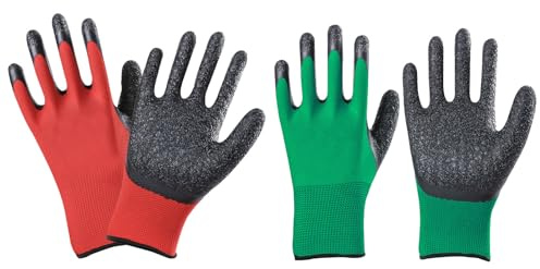 Liujiami 2 Pairs Safety Work Gloves Heavy Duty Reinforced Latex Coated Palm Anti-Slip Enhanced Grip for Gardening Construction Car Cleaning DIY Outdoor Tasks (Red,Green)