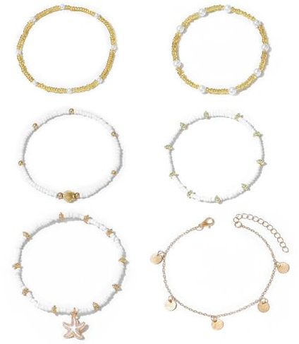 AHEJIOO 6 Stück Muschelkette, Fußkettchen Für Damen, Fussketten Für Frauen, Boho Perlen Verstellbares Fußkettchen, Fußkette Damen, Hawaii Strand Muschel Perlen Herz Seestern Kamm Fuß Schmuck