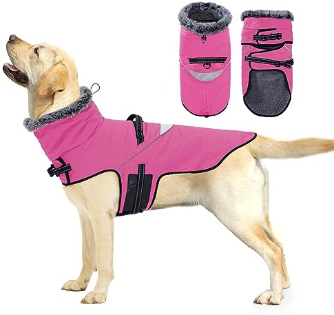 PAWIVID Cappotto Invernale Impermeabile per Cani, Giacca Caldo con Imbracatura e Fibbia di Trazione, per Cani di Taglia Piccola, Media e Grande, per Campeggio e Escursionismo (Rosa, L)